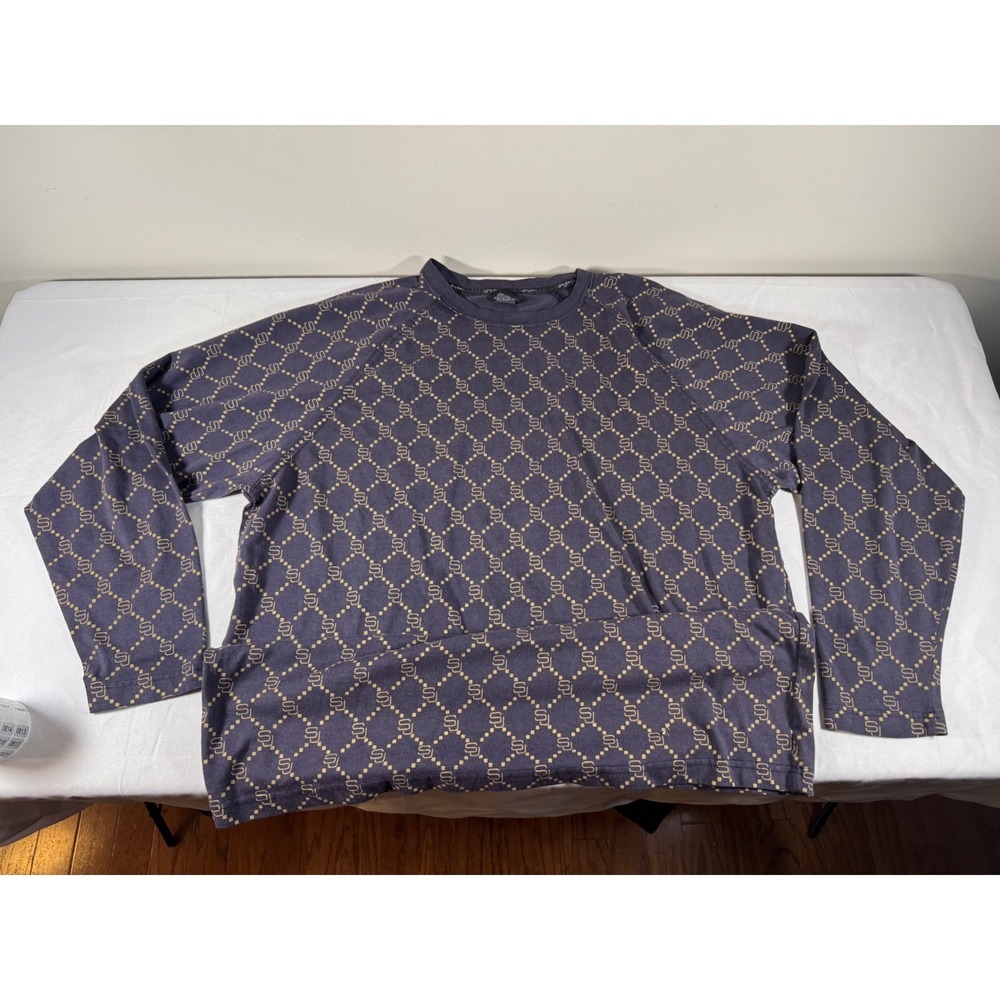 Y2K Sean John Mens Navy Blue Gold Monogram Logo Long Sleeve Raglan Shirt Large